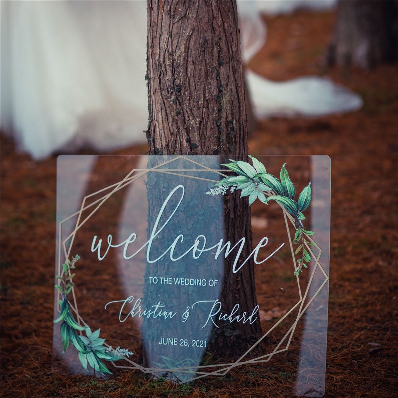 Geometric Foliage Calligraphy Acrylic Wedding Sign