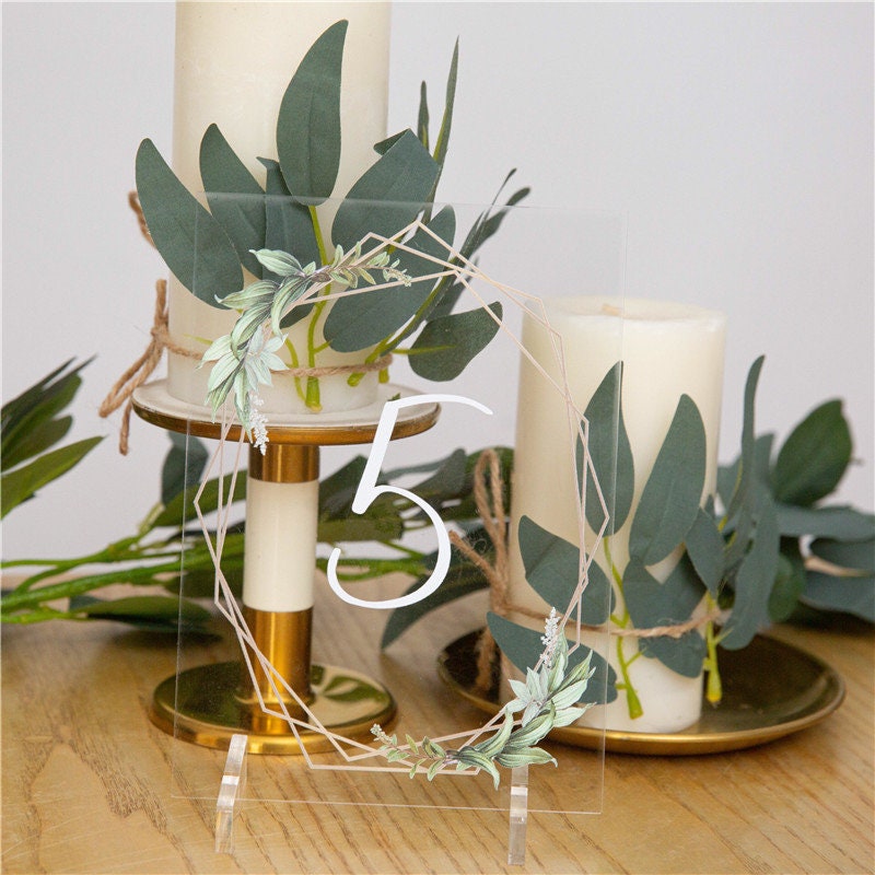 Geometric Eucalyptus Acrylic Wedding Table Number, Boho Foliage