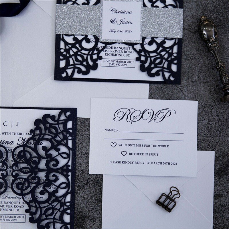 Navy Lasercut Gatefold Wedding Invitation with Silver Glitter Belly Band