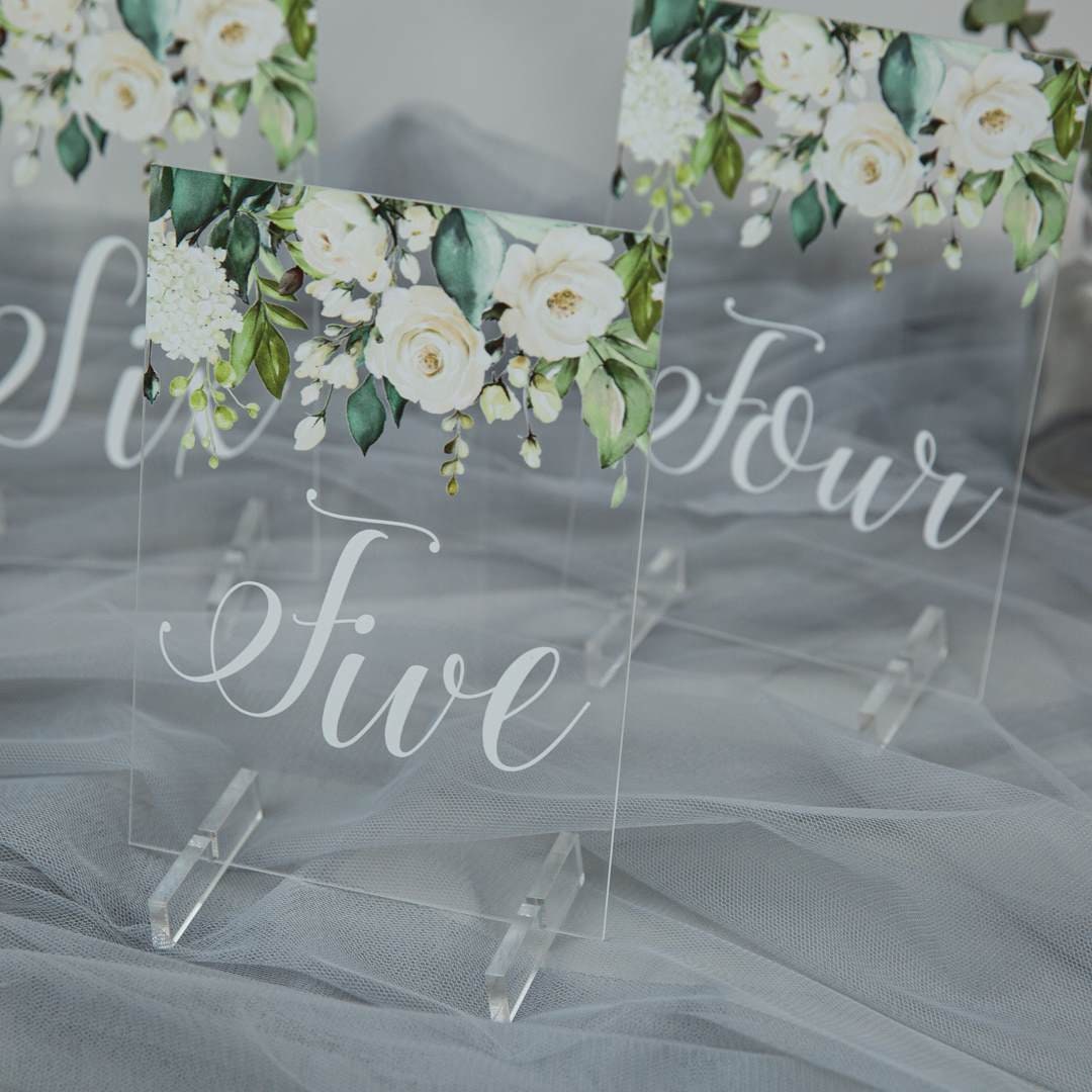 White & Foliage Floral Acrylic Table Numbers