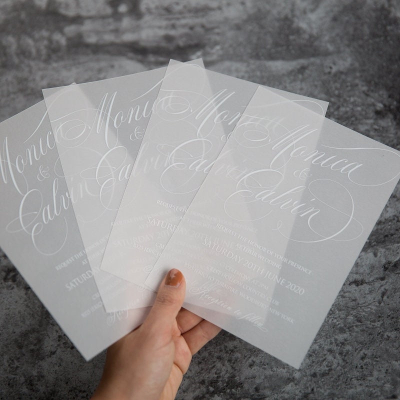 Vellum Wedding Invitation, White Marble UV Printed Invite