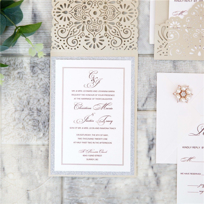Champagne Gold Pocket Lasercut Wedding Invite / Wedding Invitation