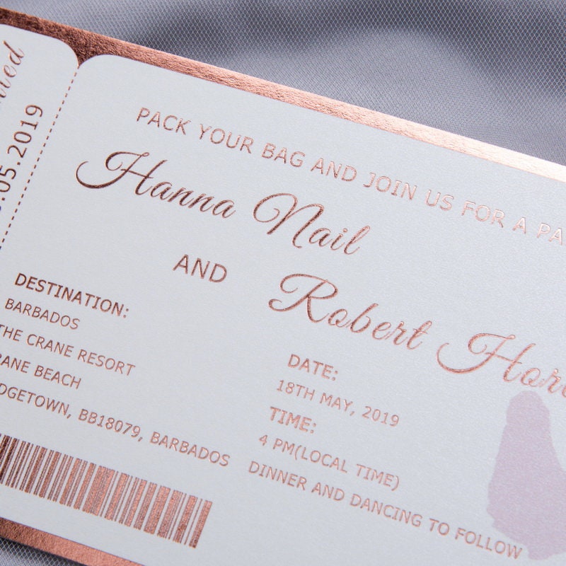 Foiled Boarding Pass Destination Wedding Invitation