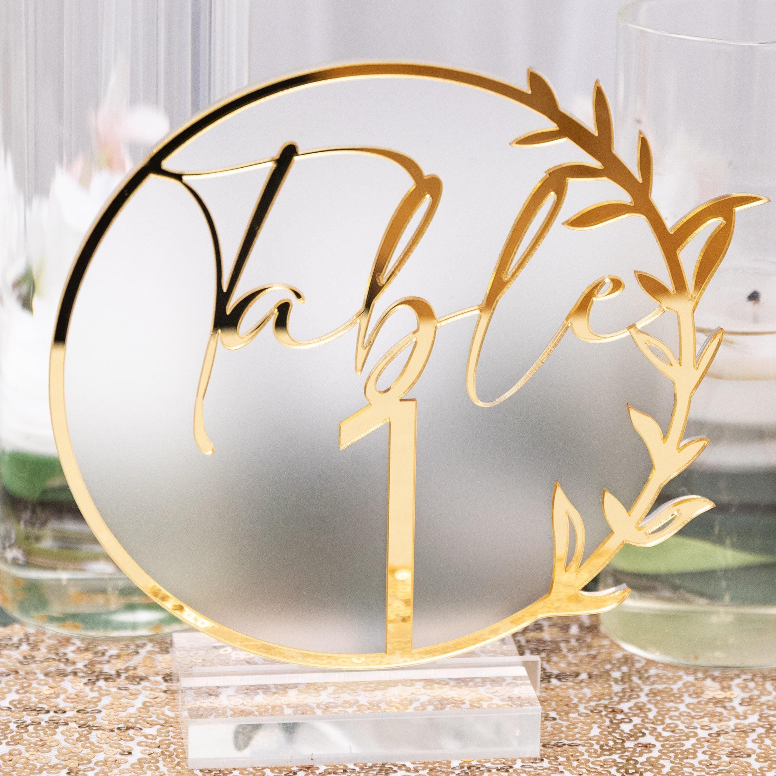 Floral Acrylic Wedding Table Number, Gold Mirror Detail