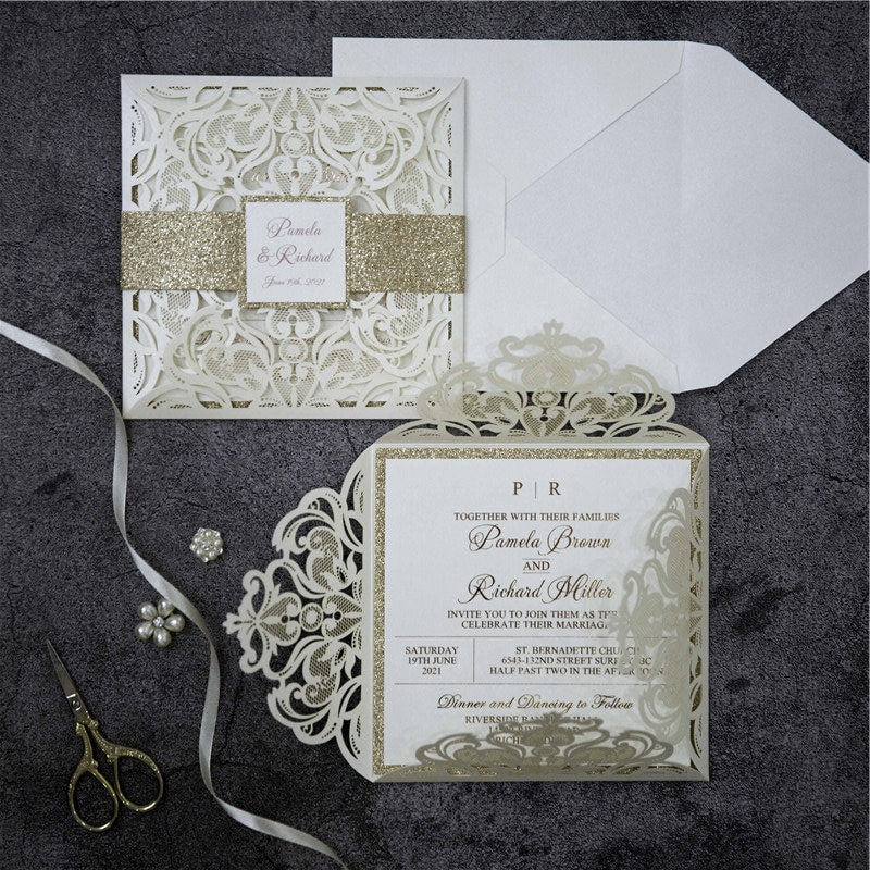 Lasercut Ivory Wedding Invitation with Rose Gold Glitter Details