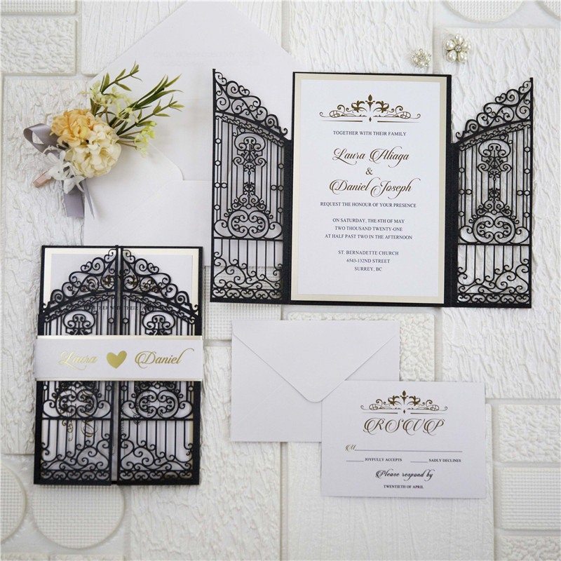 Iron Gate Lasercut Wedding Invite in Black Shimmer, with gold foiled belly band