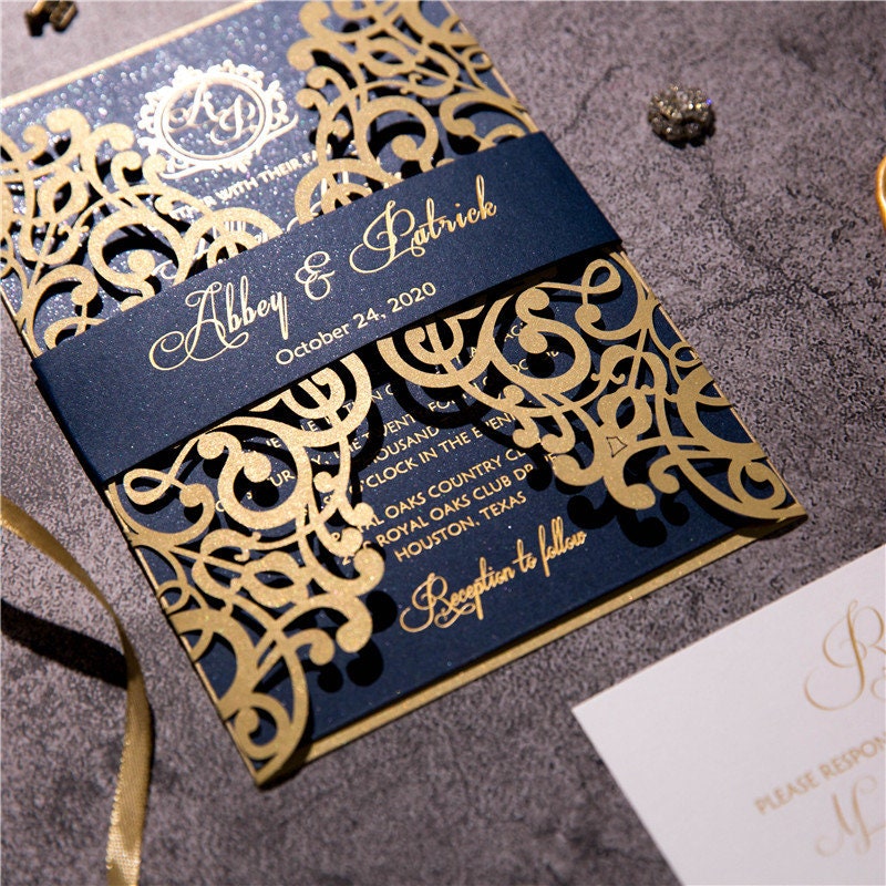 Gold Lasercut Wedding Invitation, Navy Bellyband & Gold Foiling