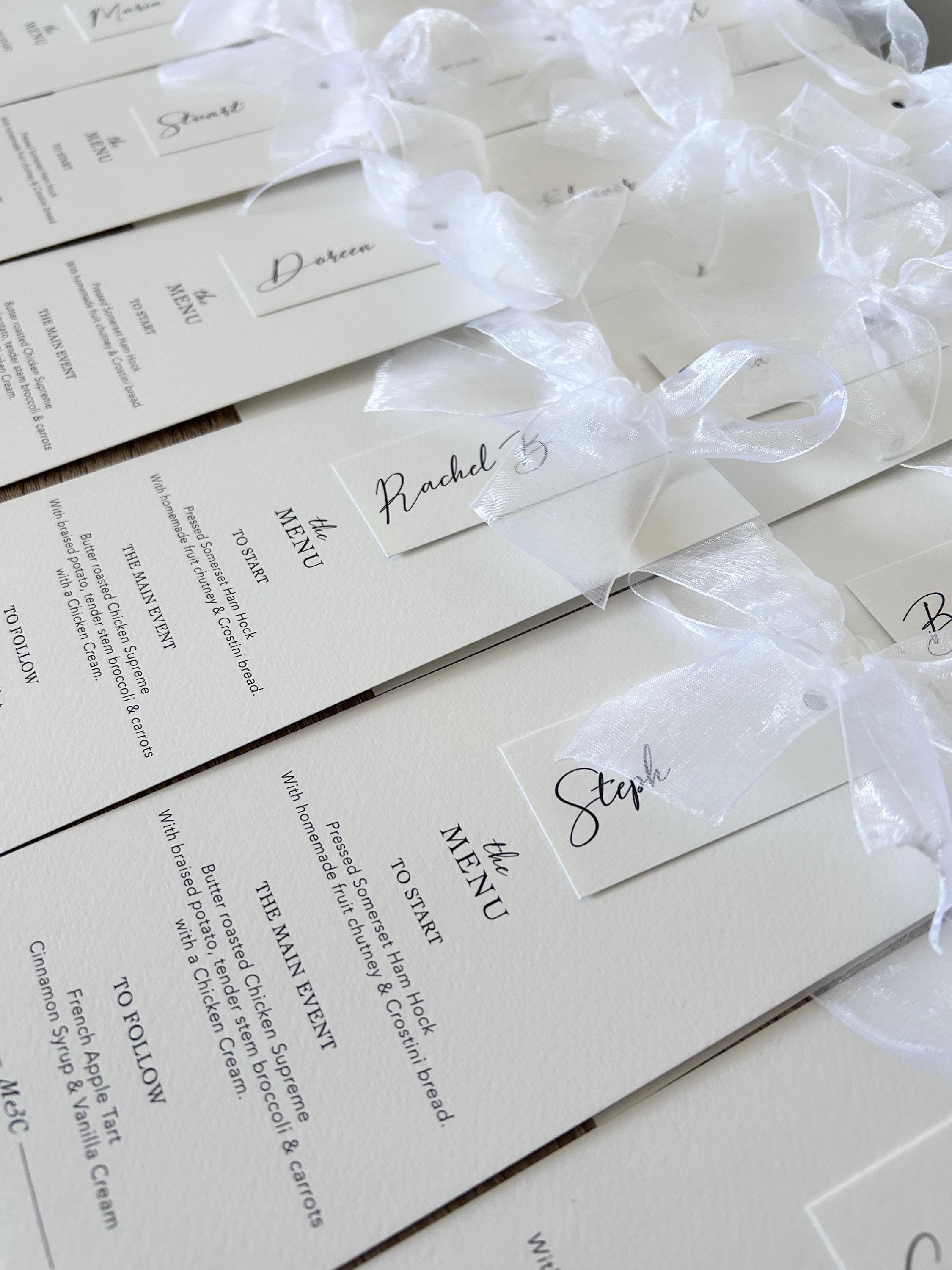 Modern Wedding Menu with Chiffon Bow & Guest Name