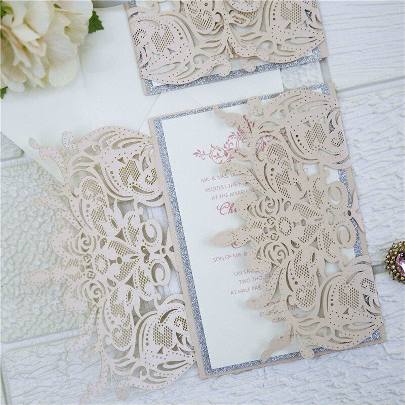 Laser Cut Blush Wedding Invitation with Silver Glitter