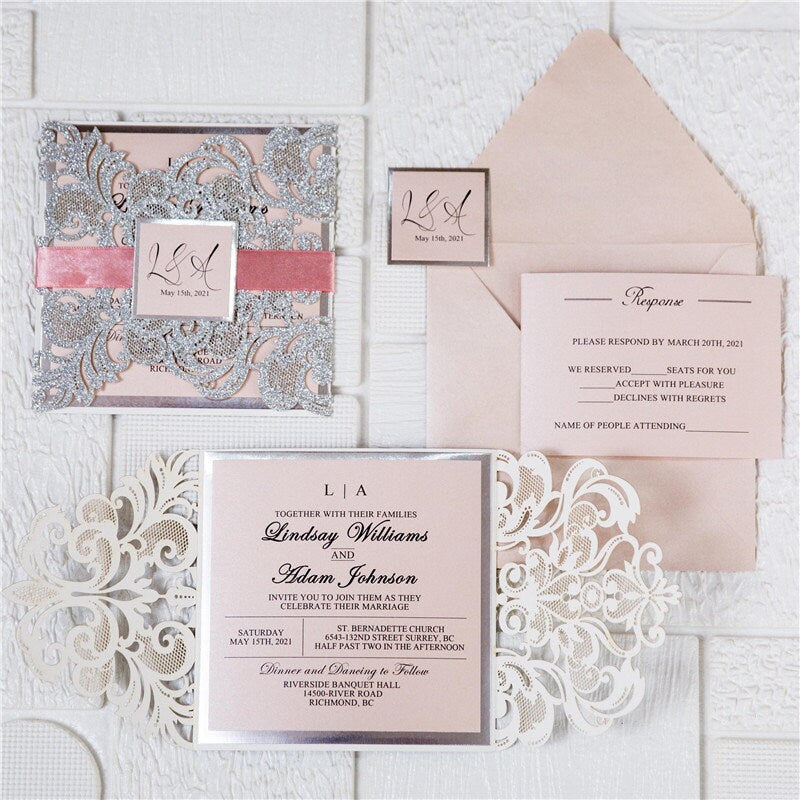 Silver Glitter & Pink Ribbon Lasercut Wedding Invitation with Silver Mirror Detailing