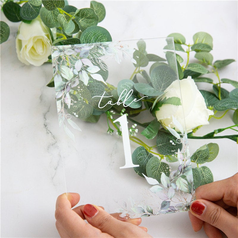 Boho Clear Acrylic Table Names & Numbers, Eucalyptus Foliage Design, Wedding Reception Decor