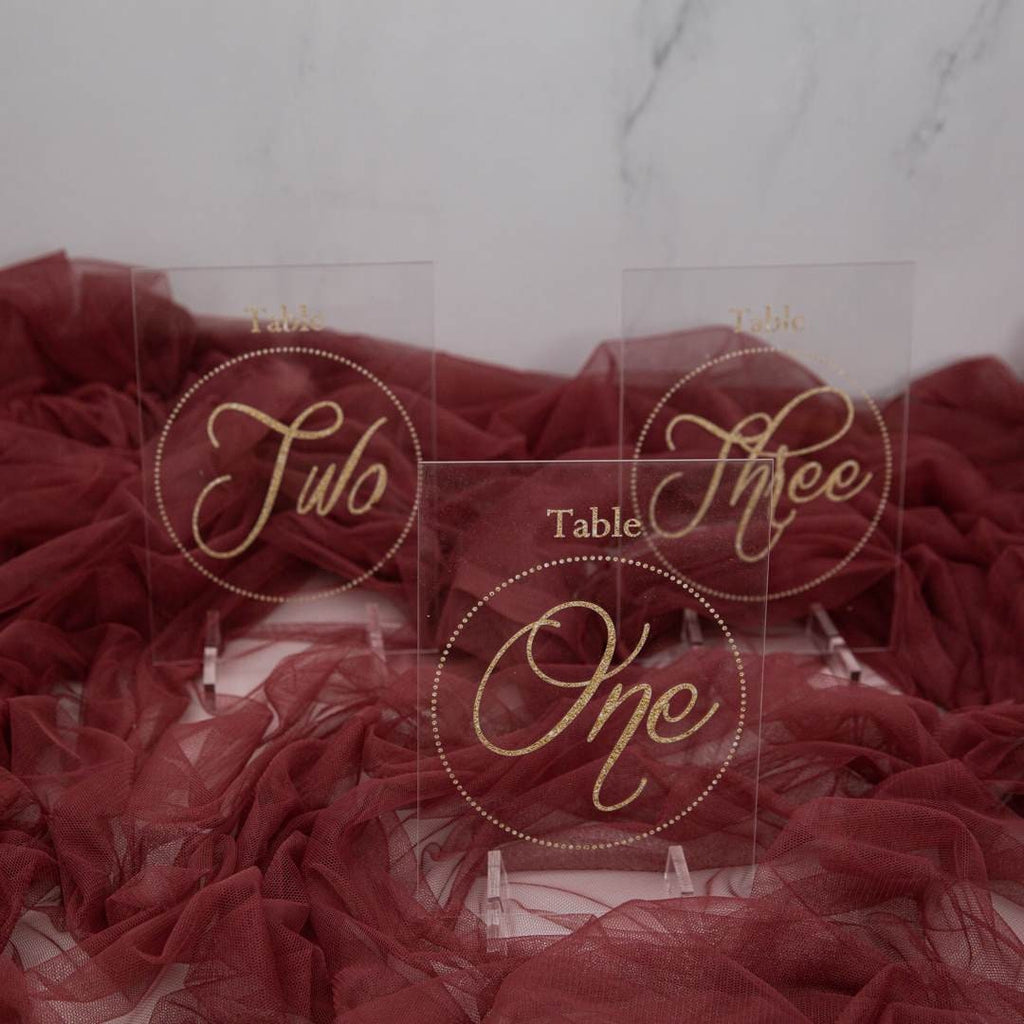 Gold Acrylic Wedding Table Numbers or Names, Clear Sign