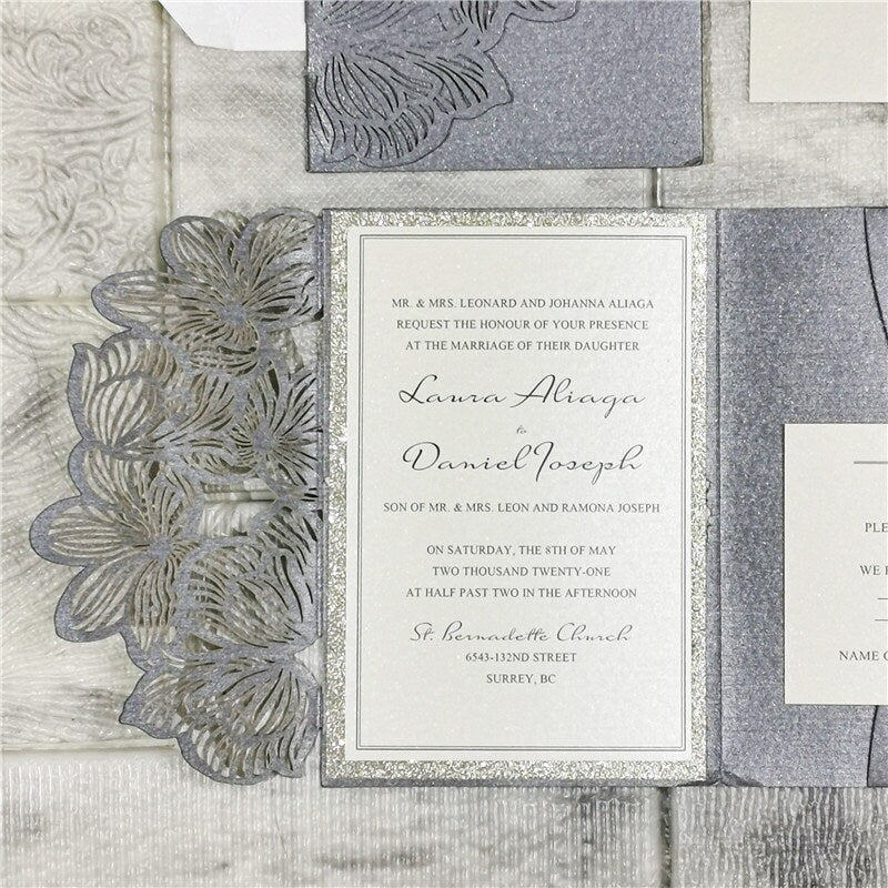Laser Cut Wedding Invitation in Silver Grey Shimmer