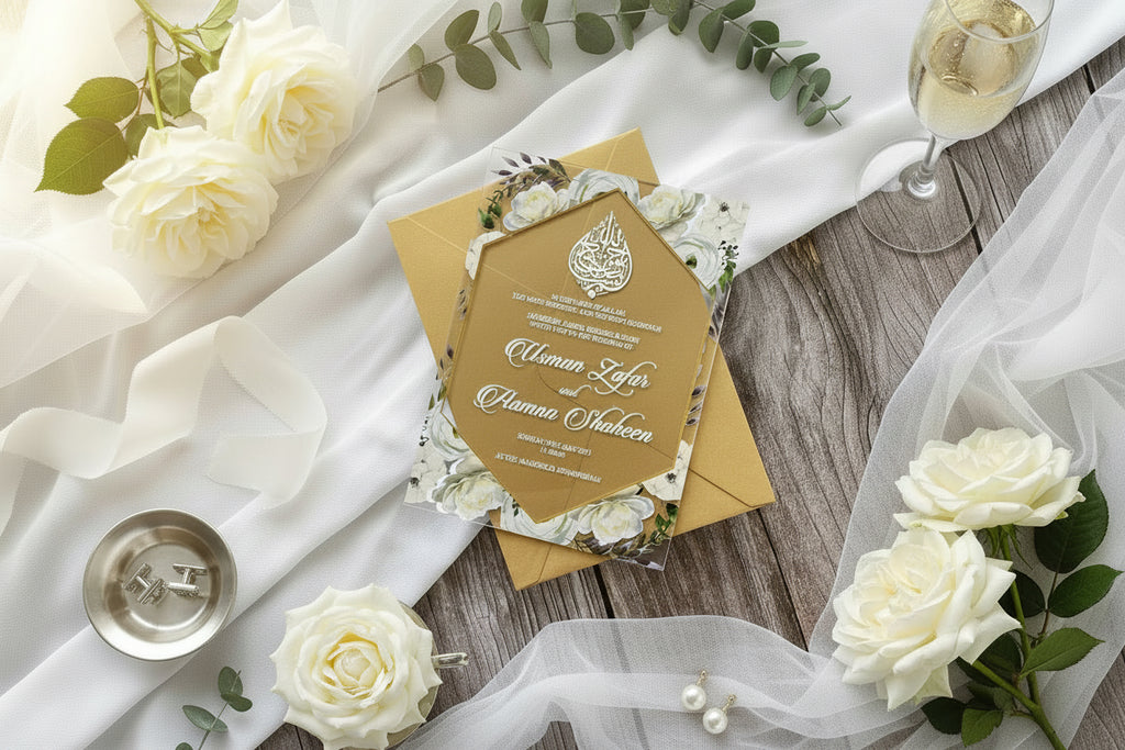 1mm Frosted Acrylic Wedding Invitation with removable emblem & matching inserts