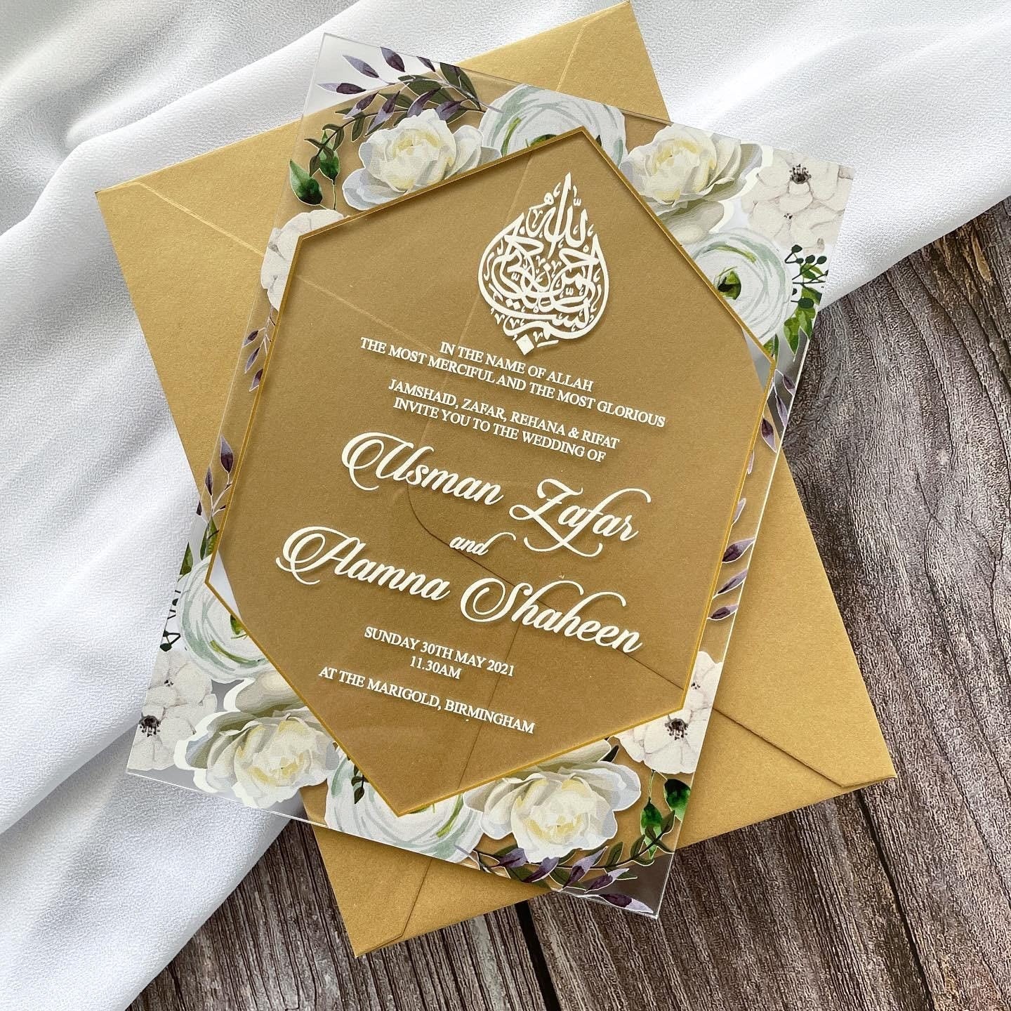 Floral Frosted Acrylic Wedding Invitation | Gold Metallic Envelope