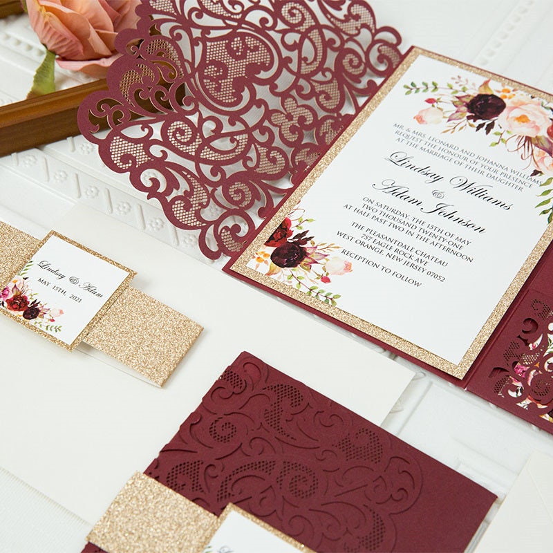 Burgundy Floral Lasercut Pocketfold Wedding Invitation with Gold Glitter Belly Band