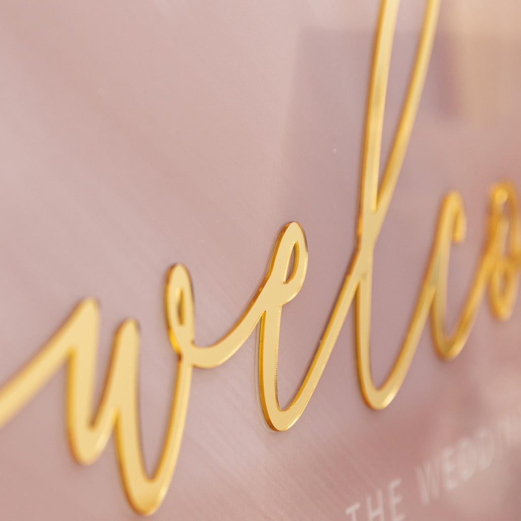 Watercolour blush pink and gold Wedding Welcome Sign with Gold Mirror 3D acrylic Names