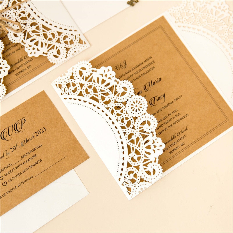 Laser Cut Wedding Invitation: Rustic Kraft & Ivory Shimmer