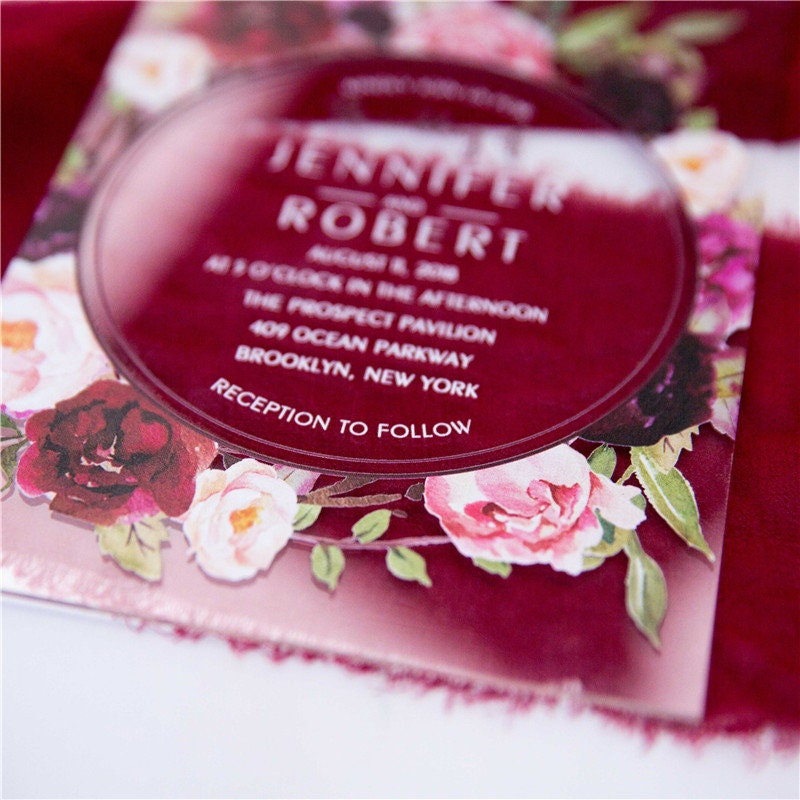 Acrylic Clear Burgundy Red Floral Wreath Wedding Invitation
