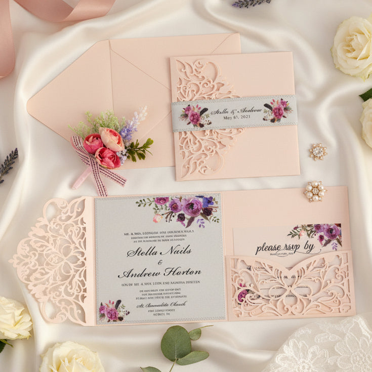 Vellum Laser Cut Wedding Invitation: Blush Floral, Silver Glitter