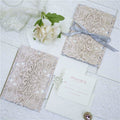Laser Cut Blush Wedding Invitation with Silver Glitter