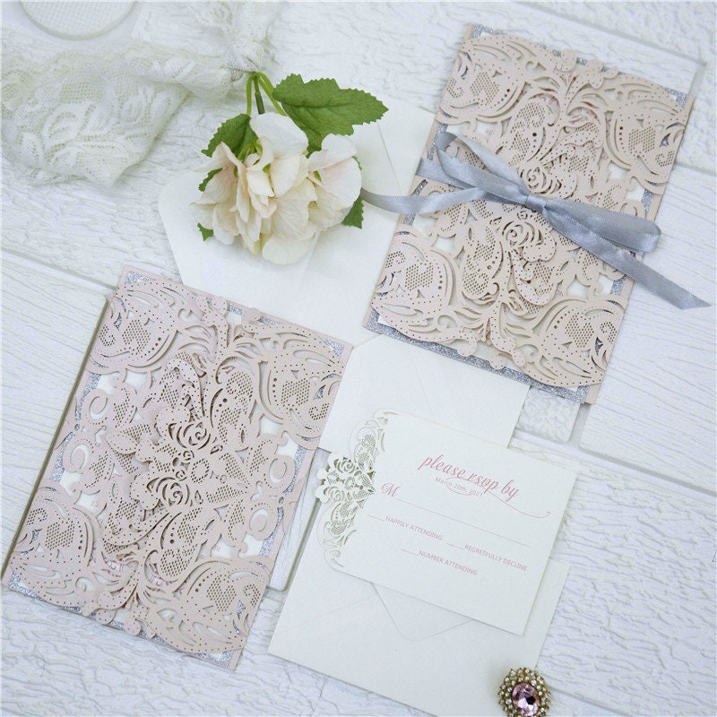 Laser Cut Blush Wedding Invitation with Silver Glitter