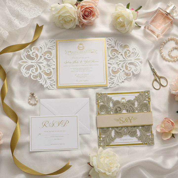 Gold Foil & Gold Glitter Sparkle Lasercut Wedding Invitation with Vellum Bellyband Detailing