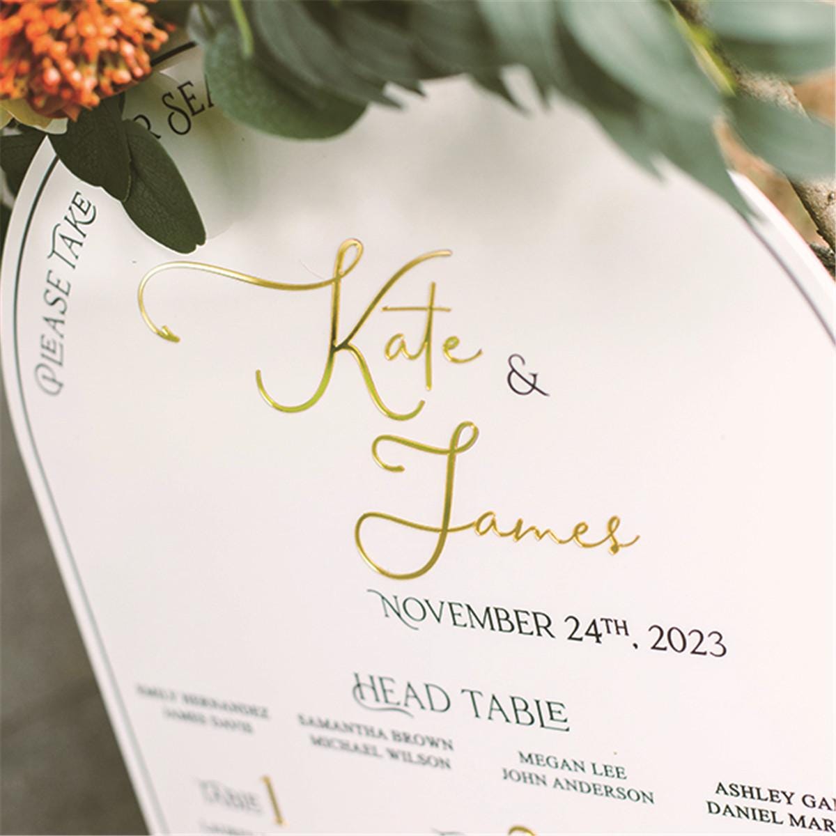 Arch White Acrylic Wedding Table Plan with Gold Mirror Acrylic 3D Lettering