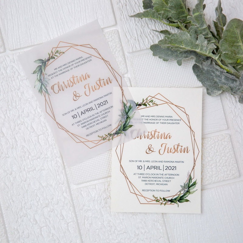 Geometric Olive Eucalyptus Leaf Design UV Printed Wedding Invite / Invitation