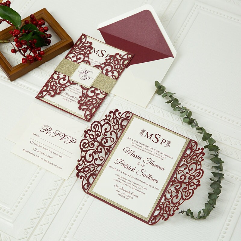 Burgundy Laser Cut Wedding Invitation, Gold Glitter Belly Band