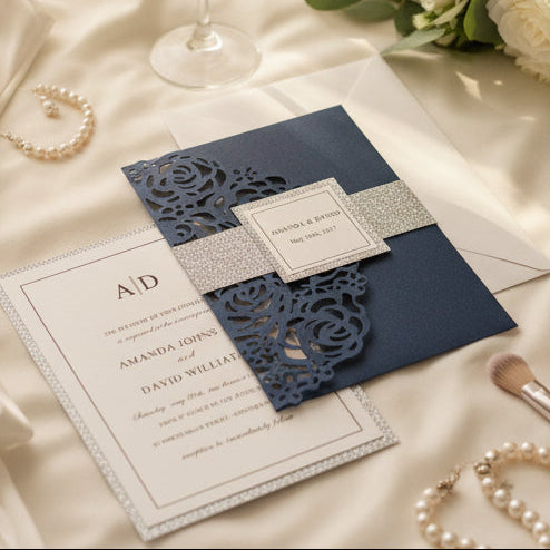 Navy & Silver Glitter Laser Cut Wedding Invitation Suite