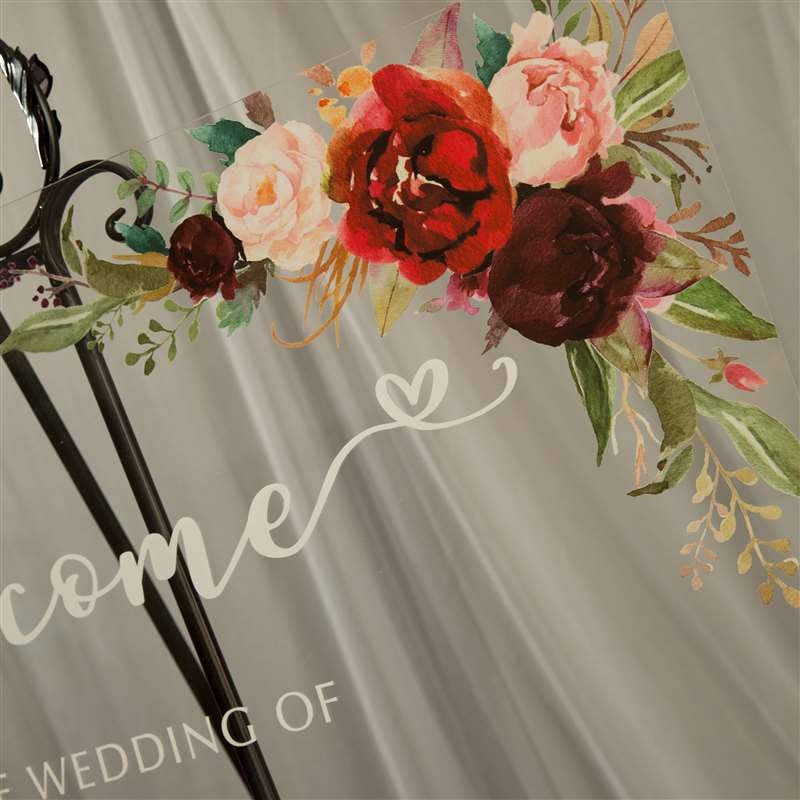 Burgundy Floral Acrylic Wedding Welcome Sign