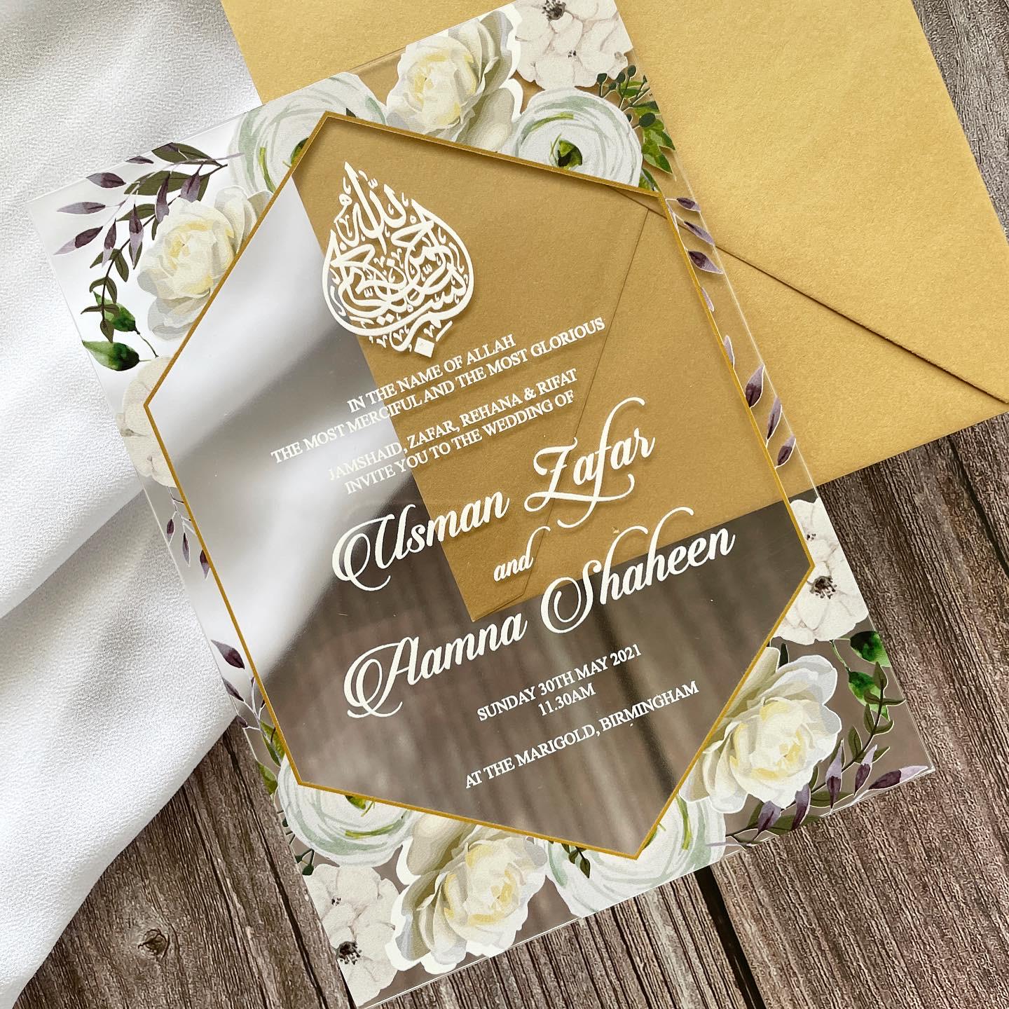 Floral Frosted Acrylic Wedding Invitation | Gold Metallic Envelope
