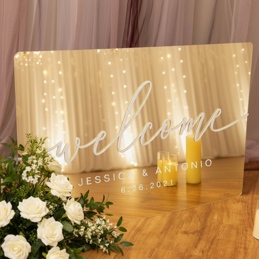 Gold Mirror Acrylic Wedding Welcome Sign, Personalized White 3D Writing