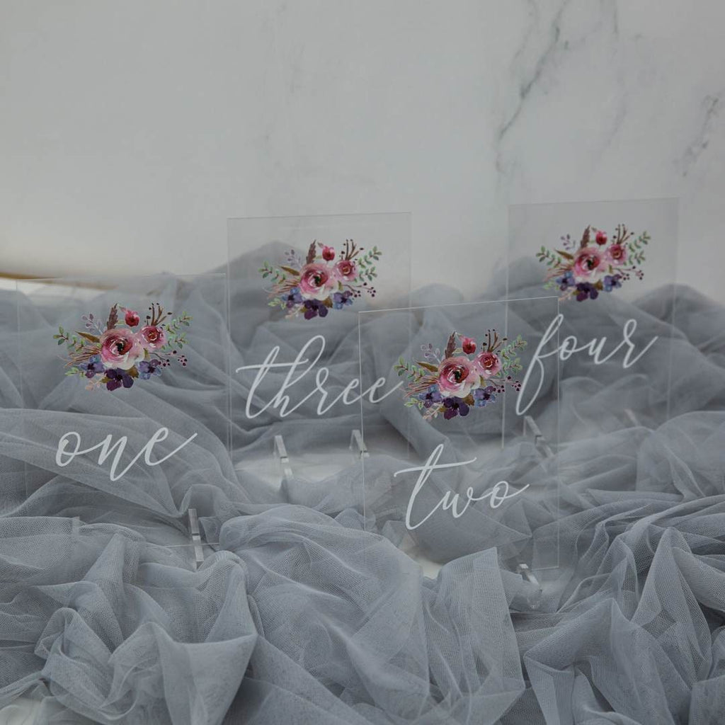 Floral Acrylic Wedding Table Number, Painted Purple & Pink