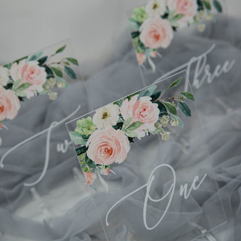 Blush Pink Floral Acrylic Wedding Table Name