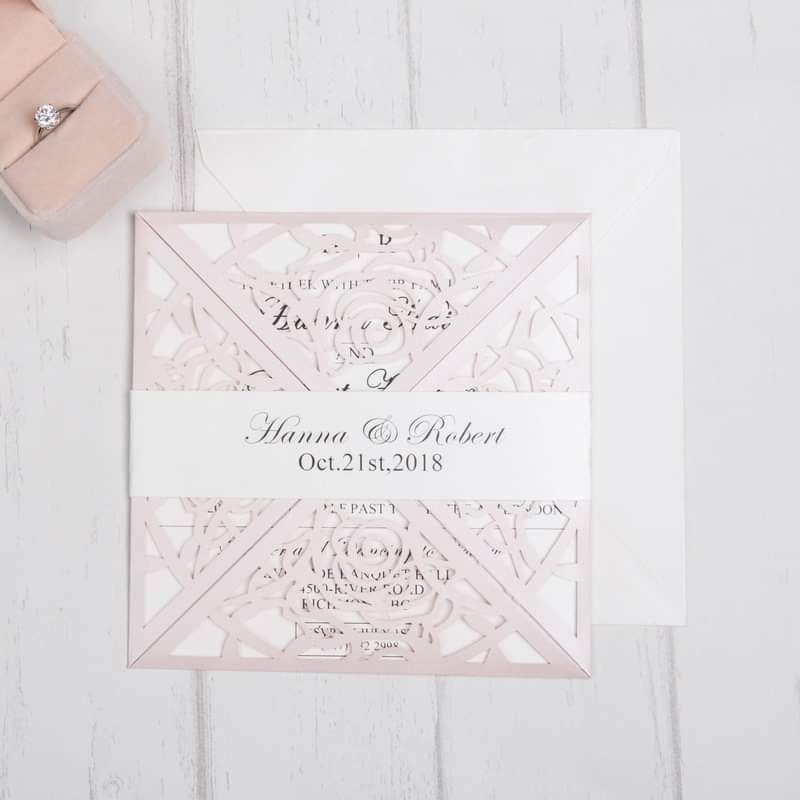Blush Pink & Ivory Rose Detail Lasercut Wedding Invite with Bellyband