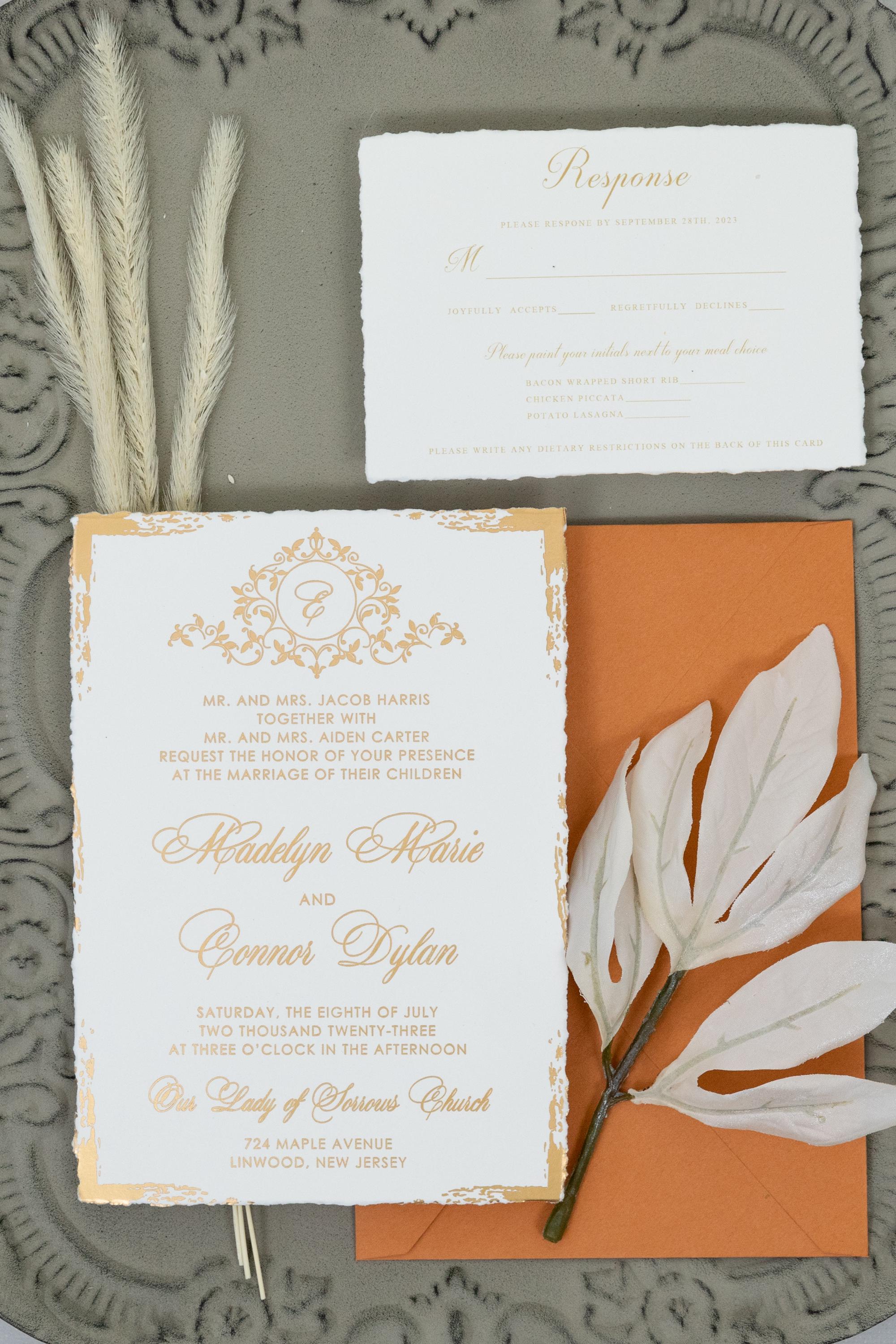 Deckle Edge Gold Foiled Wedding Invitation with RSVP matching Envelope | Modern Wedding Invite
