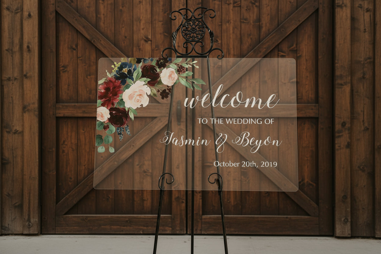 Burgundy Floral Acrylic Wedding Welcome Sign