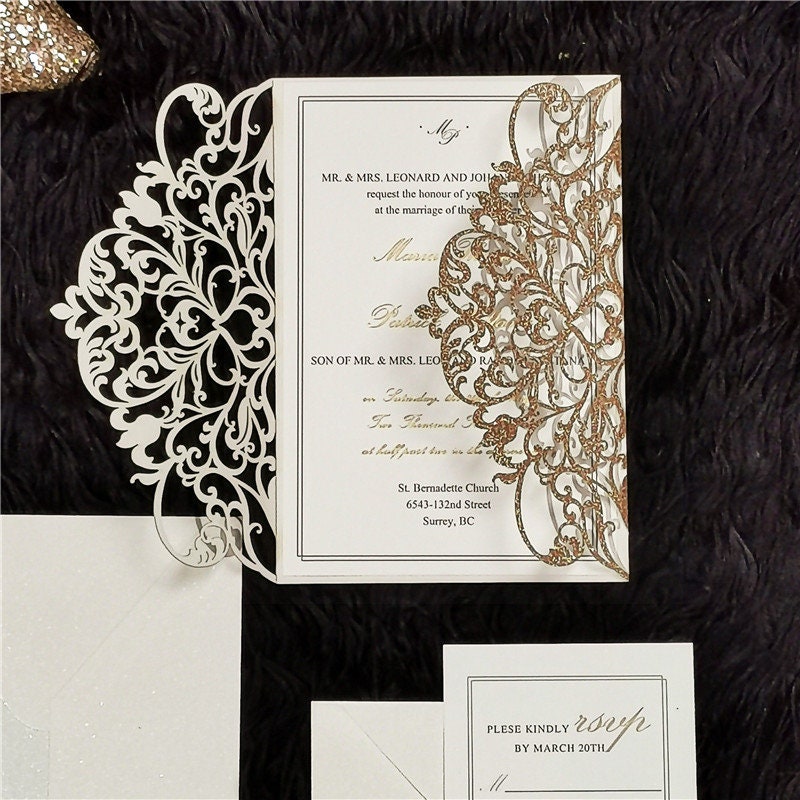 Rose Gold Glitter & White Delicate Lasercut Gatefold Wedding Invite