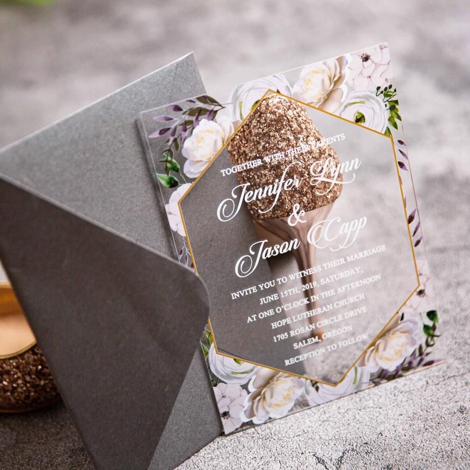 Floral Acrylic Wedding Invitation, Lavender & White Flowers