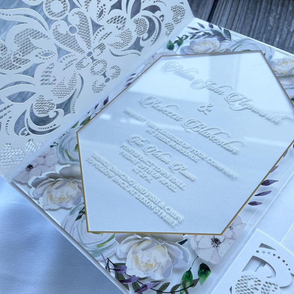 White Floral Acrylic Wedding Invitation | Laser Cut Jacket & Inserts