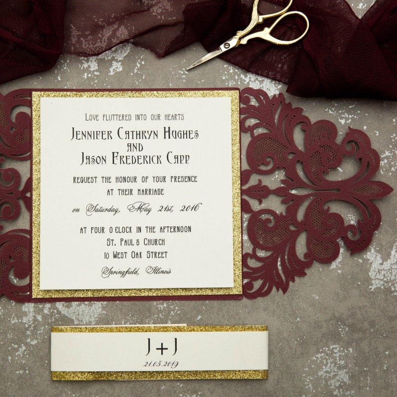 Burgundy & Gold Glitter Laser Cut Wedding Invitation Suite