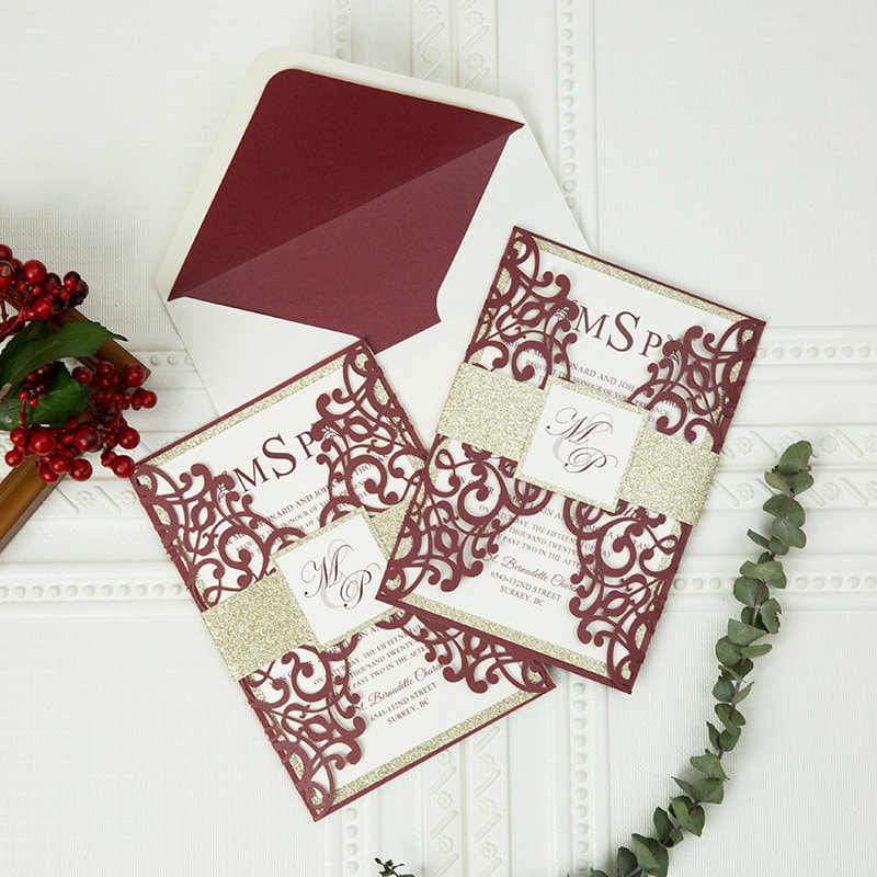 Burgundy Laser Cut Wedding Invitation, Gold Glitter Belly Band