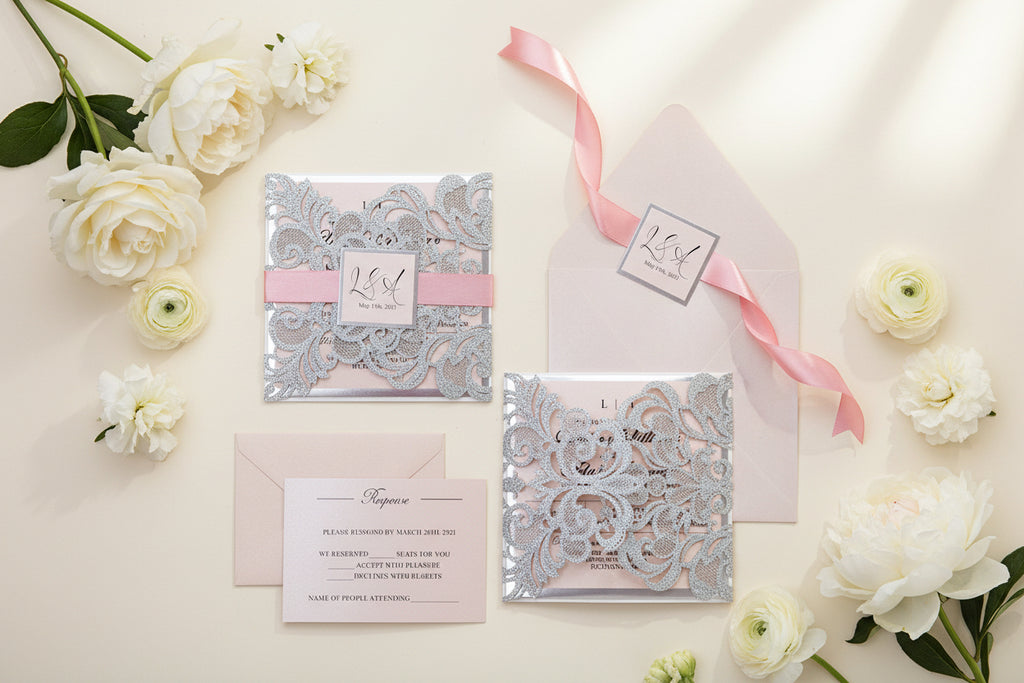 Silver Glitter & Pink Ribbon Lasercut Wedding Invitation with Silver Mirror Detailing