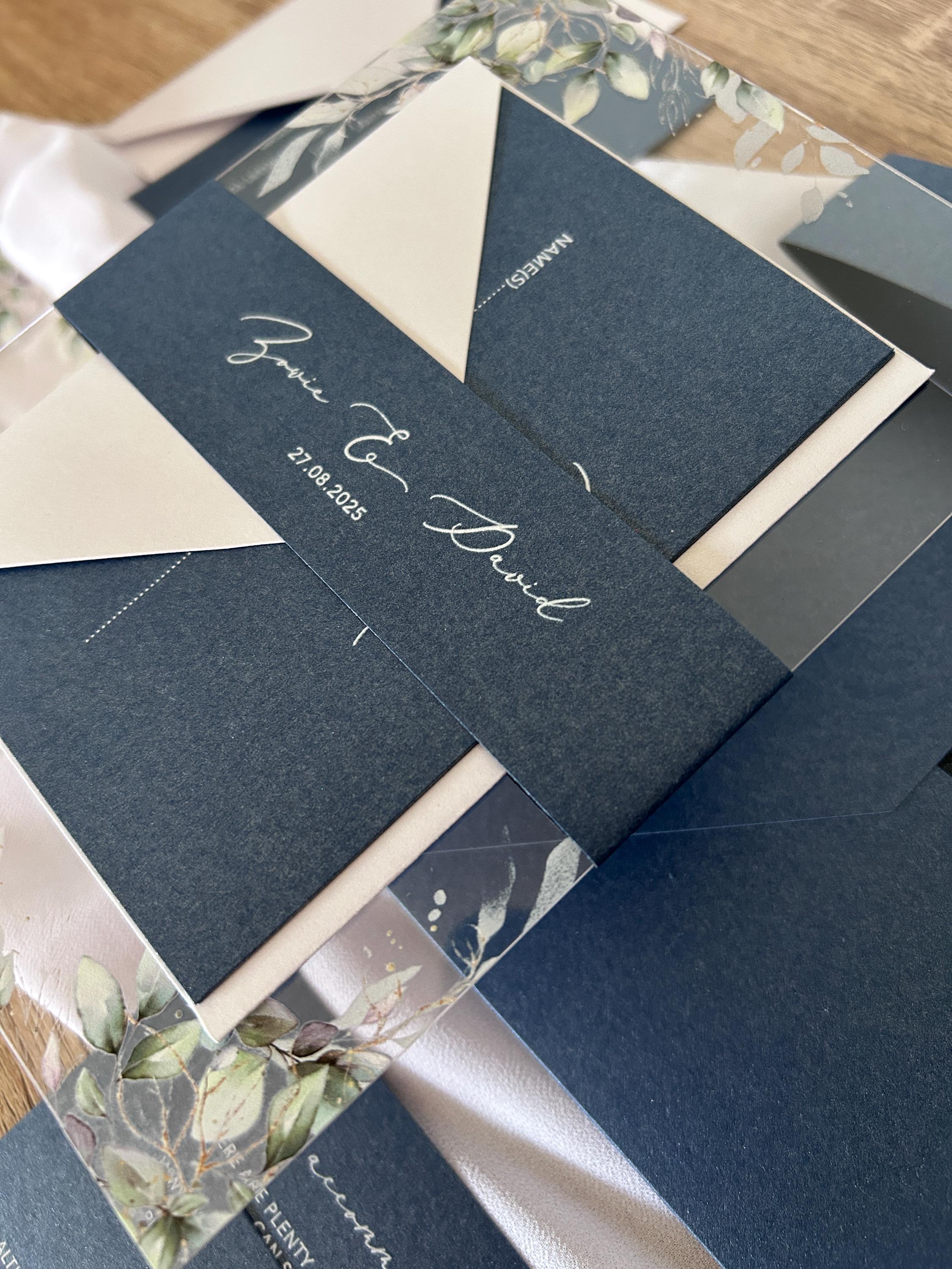 Navy & Clear Acrylic Wedding Invitation | Green Foliage, Elegant Suite