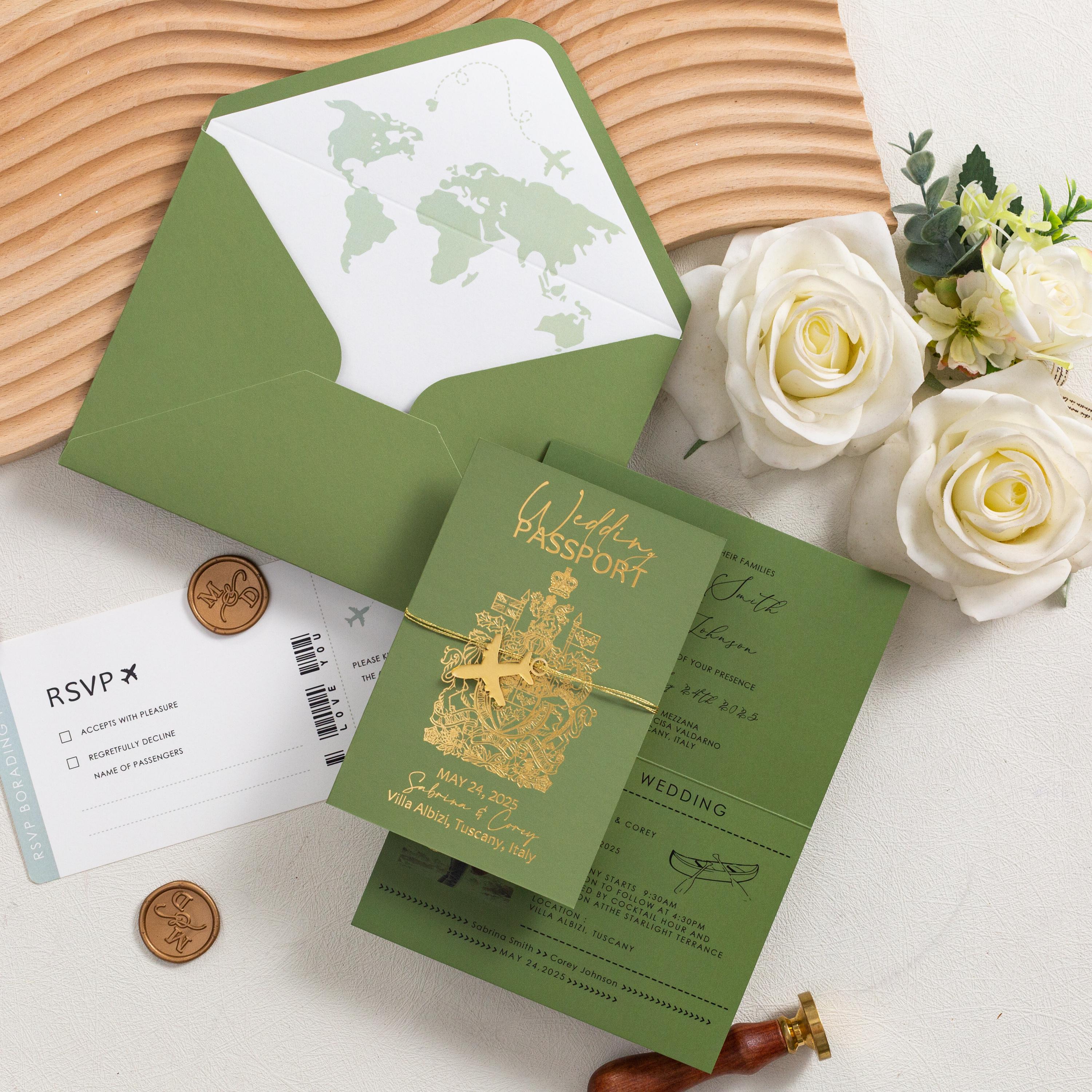 Destination Wedding Passport Invitation with Gold Plane Detail