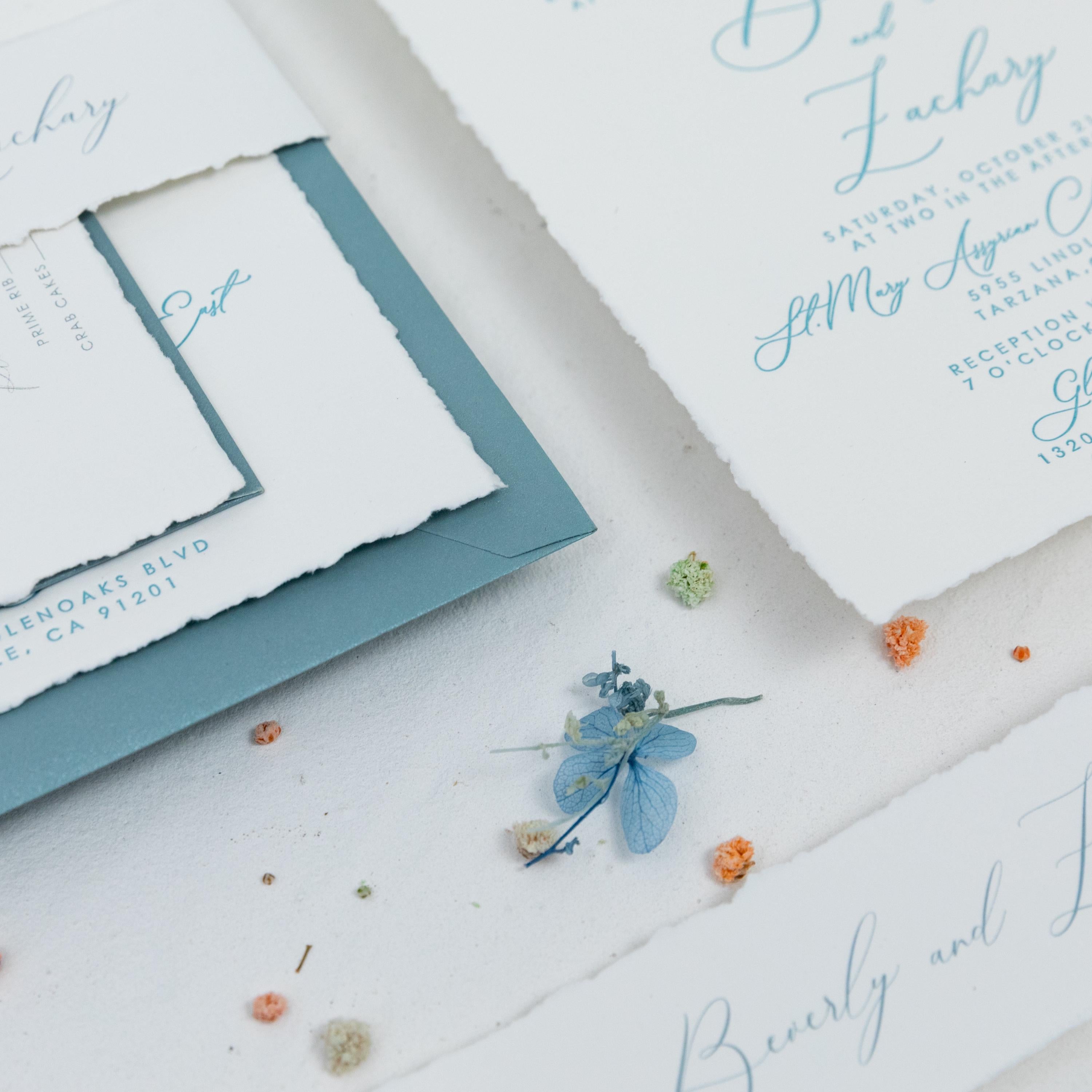 Dusty Blue Letter Press Deckle Edge Wedding Invite with Bellyband and Matching Envelope