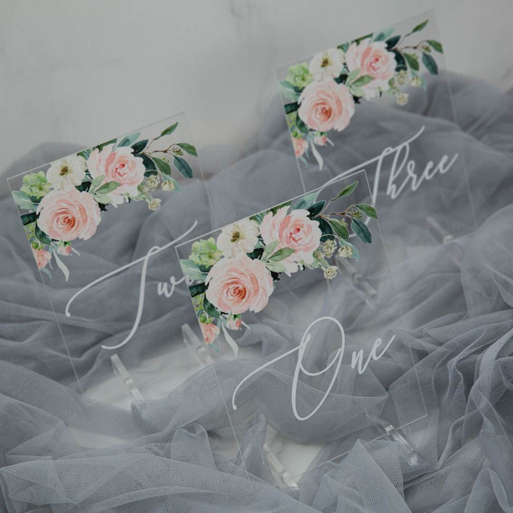 Blush Pink Floral Acrylic Wedding Table Name