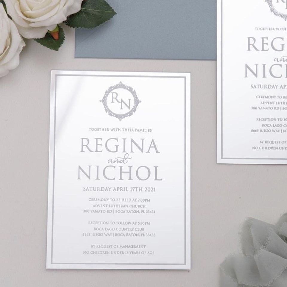 Silver Mirror Acrylic Wedding Invitation with Dusty Blue Envelope & Matte Champagne Envelope Liner
